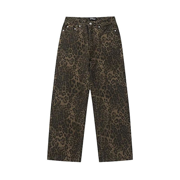 Brun Leopard Jeans Dame Jeans Bukser Dame Oversize Bukser med brede ben leopard print leopard print 2XL