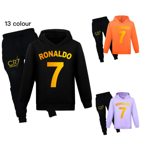 Kids Boys Ronaldo 7 Print Casual Hoodie Tracksuit Set Hoody Top Pants Suit Black 150cm