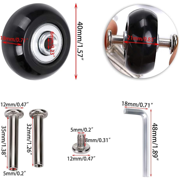 40mm x 18mm Matkalaukkujen Vaihtokiekot Kääntyvät Kumipyörät Laakerikorjaussarjat 4 Kpl - Perfet