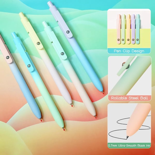 Gel Penne, 5 stk. 0,5 mm sorte blækpenne med silikonegreb, metalclips, indtrækkelige