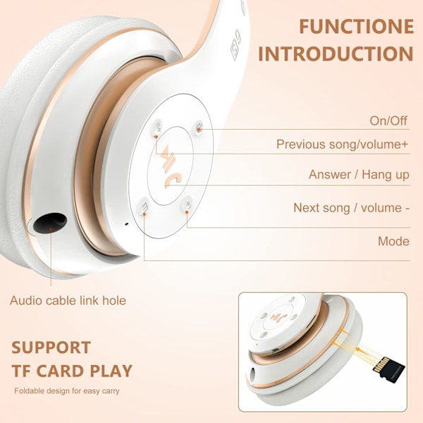 Bluetooth-hörlurar Over Ear, med HD-mikrofon, FM, TF för PC