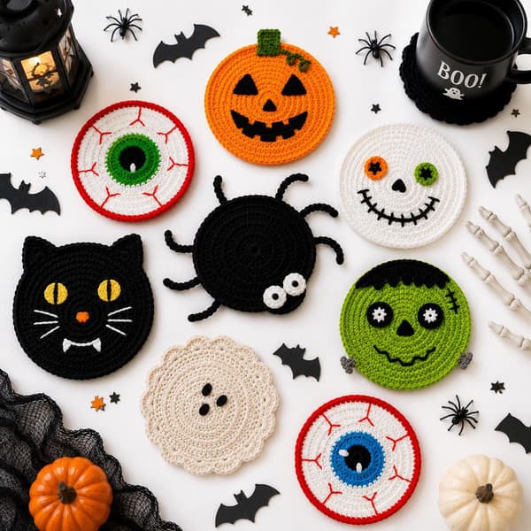 Heklede Halloween-brikker, håndlagde gresskar-spøkelse-monster-garn-drikkebrikker til borddekor Button Ghost