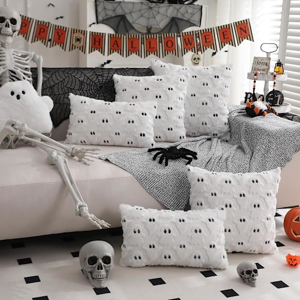 Halloween Pudebetræk 18x18 tommer Sæt af 2 Hvid Spøgelse Pudebetræk Blød Plys Kunstig Pels Uld Sofa Stue Soveværelse Hjem Decor