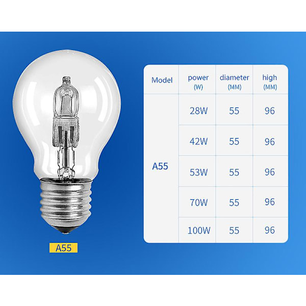 A55 halogen energisparepære, gammeldags lyspære, halogen wolfram, øyevern, oppvarming, oppdrettslampe, fullspektrum, dimmbar, E27 skrue E27 53W