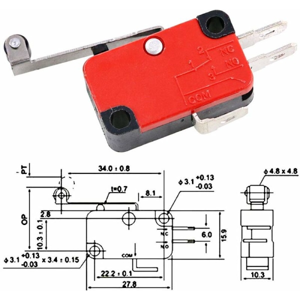 longziming Mikroswitch-grænse V-156-1C25 Lang hængsel Rullearm SPDT Action Snap Pack (8stk)