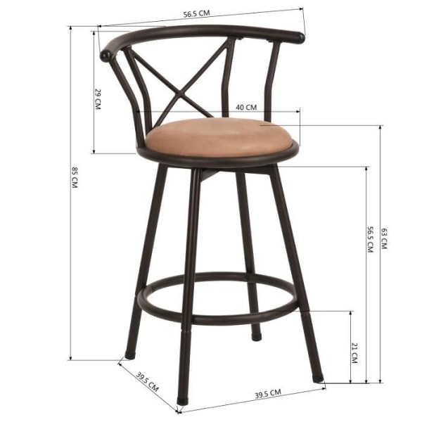 COZY FURNITURE Sett med 2 barstoler, industriell stil, 360° roterbar, med ryggstøtte og fotstøtte, setehøyde 63 cm