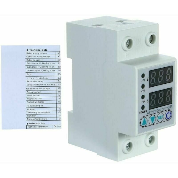 Över- och underspänningsskyddsrelä, 63A vid 220V DIN-skena, med dubbel display för hemmabruk.