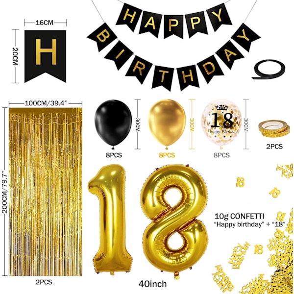 18 års sort guld fødselsdag pynt, tillykke med fødselsdagen banner, h