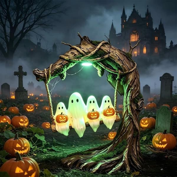 Lysende Spøkelsesgynge i Harpiks Halloween-dekorasjon, Premium Hage- og Terrassepynt med LED-lys Spider web