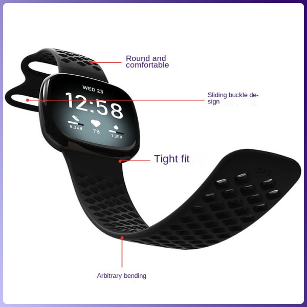 Sport silikonarmband med TPU Hollow Design för Fitbit Versa 3 och Sense Smartwatches svart black S small size