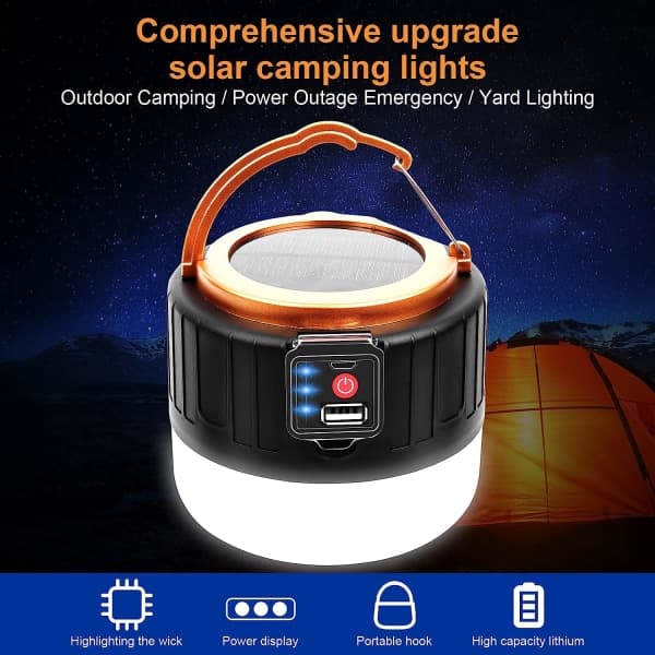 USB-oppladbar solcellecampinglampe (svart), 1000LM teltfjernkontroll
