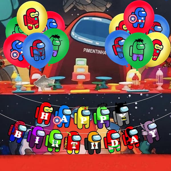 Superhelt Temafest Among Us Ballon Sæt Kageindsats Flag Banner Kombination Balloner Set 6