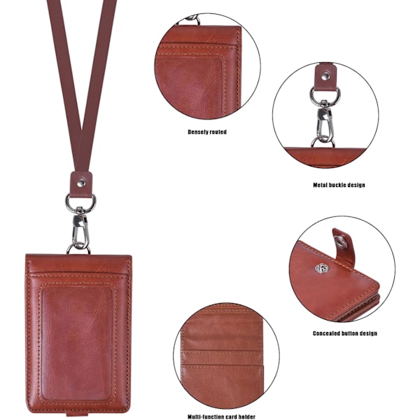 Brun - ID-kort holder med snor Vertikal læder ID-badge