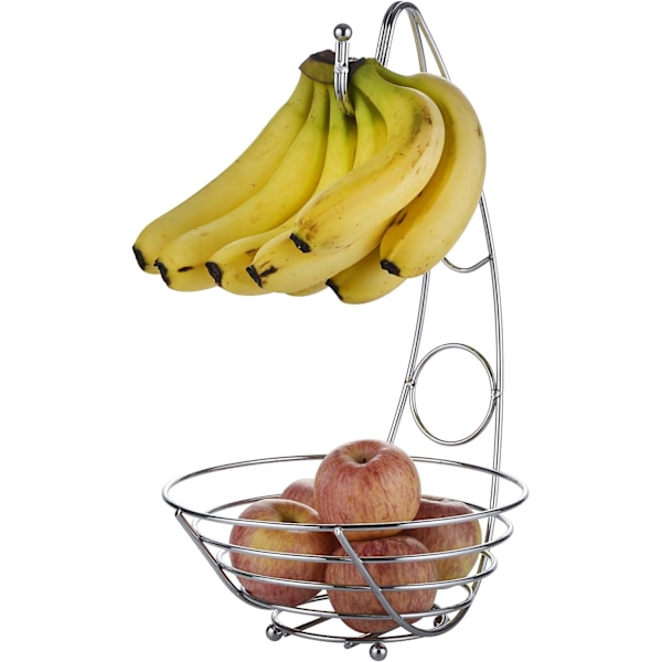 Hedelmäkori Hedelmävati Banaanikoukulla, 43 cm korkea, Langallinen hedelmäteline - Hopeanvärinen kromiviimeistely