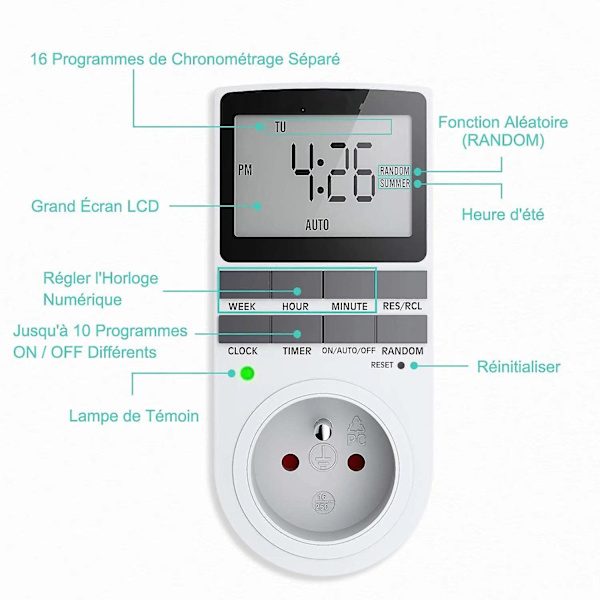 Programmerbar digital stikkontakt med LCD-skjerm Ukentlig digital timer 12t/24t/7-dagers stikkontakt