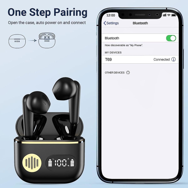 Bluetooth hörlurar, Bluetooth 5.1 Trådlösa hörlurar med LED- power, Trådlösa hörlurar med mikrofon, för Iphone Android black