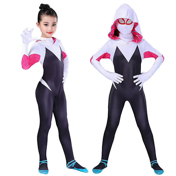 Spider-Gwen Cosplay Jumpsuit med Maske for Jenter 4-10 år - Perfekt 5-6 Years