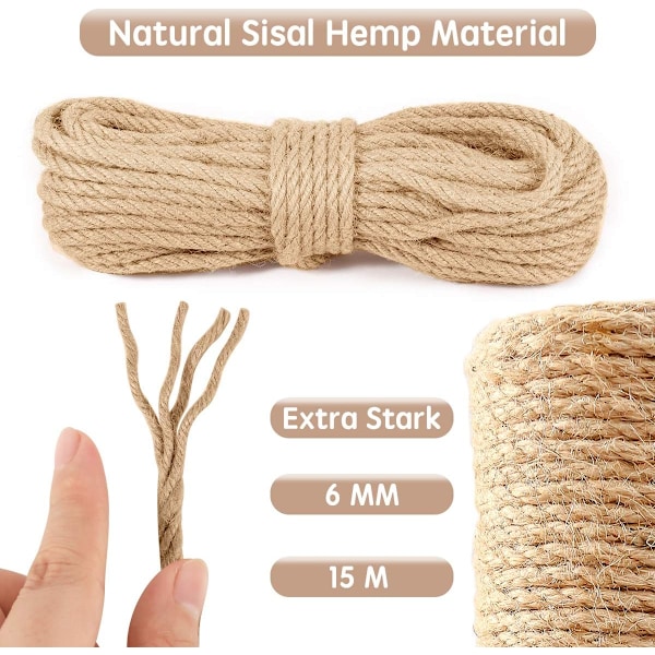 Naturlig Sisal Tau for Reparasjon og Utskifting av Kattens Kløstre, Kattens Tre, Trekløstre, Kattens Kløstrematte, 6mm * 15m, Hage og Hjem DIY