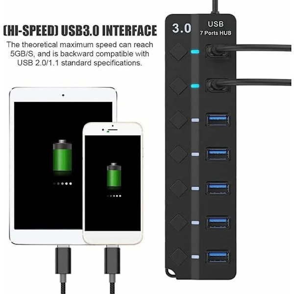 USB-hub, 7-ports USB 3.0-hub, multi-port USB-datahub, splitter med individuelle tænd/sluk-knapper, USB-forlænger til MacBook