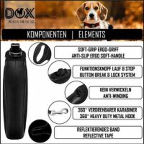 Reflekterande rullbart hundkoppel - stort valpkoppel - 5m svart