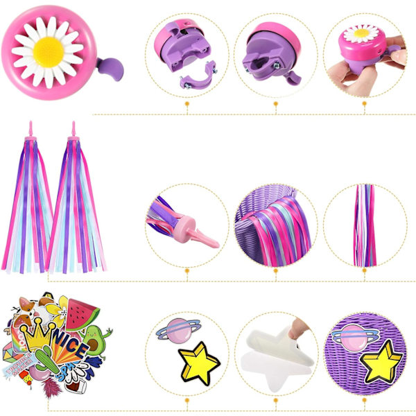 Barnehagesykkelkurv Streamers Set, Unicorn Kids Sykkelstyre Kurv Kurv Kurv Sykkel Streamers Blokker og klistremerker,