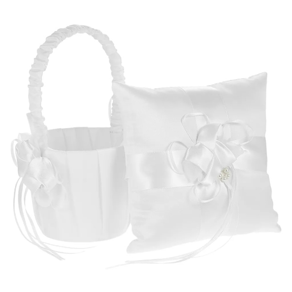 7*7 tommers elfenbensateng blomstersløyfe ring pute og brudepike blomsterkurv sett