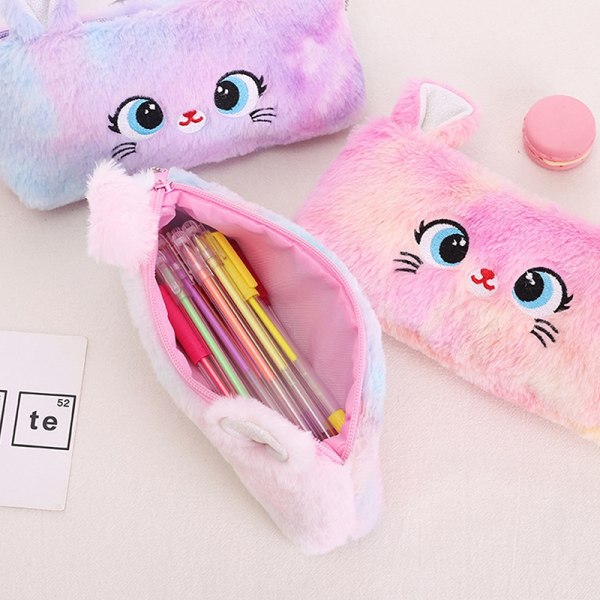 Kawaii tecknad söt katt plyschficka pennfodral dragkedja fluffig stor kapacitet pennväska Purple Color+Rose*2