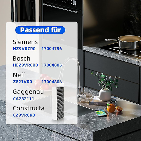 4 kpl aktiivihiilisuodatinta liesituulettimen kanteen Siemens Hz9vrcr0 17004796 / Bosch Hez9vrcr0 17004805 / Neff Z821vr0 17004806, Gaggenau CA282111