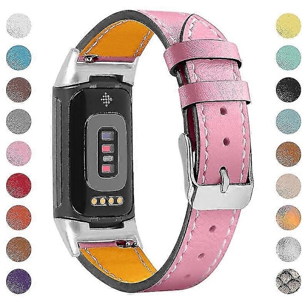 Premium Äkta Läder Justerbart Armband för Fitbit Charge 6/5 - Perfekt Rosa Pink Fitbit Charge 6
