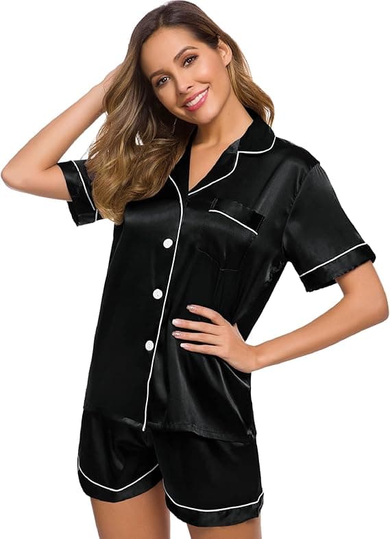 Dam Silkesatin Pyjamas Set Kortärmad Knappar Nattkläder Loungewear