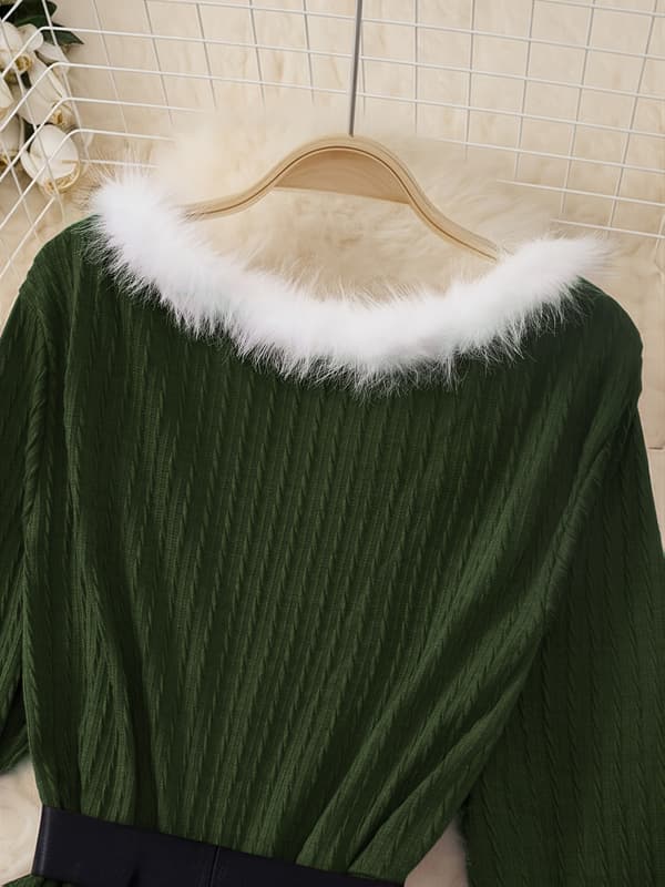 Julklänning i Plus Size för Kvinnor, Långärmad V-ringad Jacquardklänning med Bälte Green 1XL