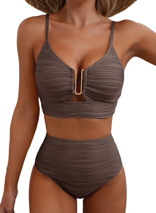 Bikini för kvinnor med V-ringning och utskärningar, högmidjad texturerad plisserad baddräkt M coffee
