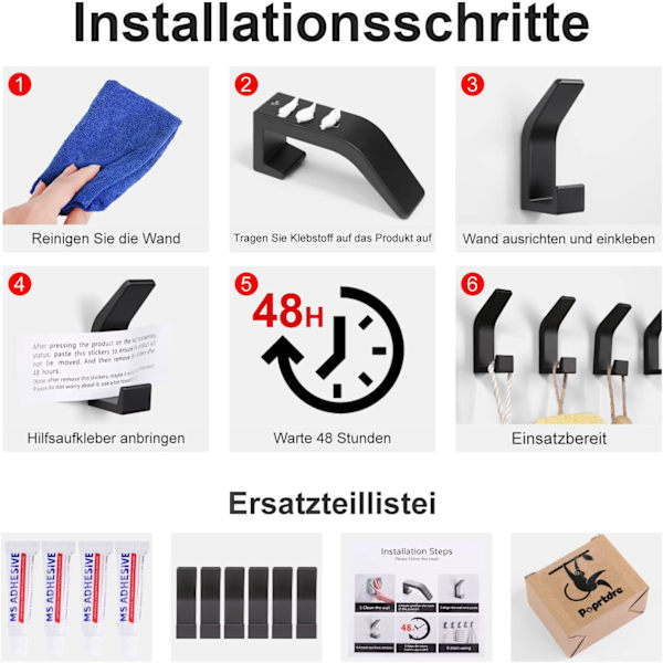 Sorte - 6 Selvklebende Dobbel Badehåndklekrok Selvklebende