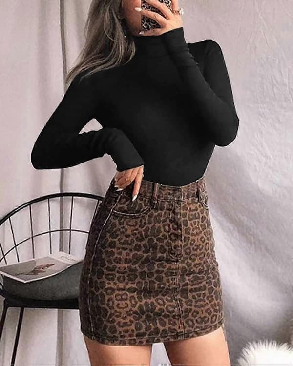 Långärmad Mock Neck Bodysuit för Kvinnor Jumpsuit Topp A Long Sleeve Black Medium