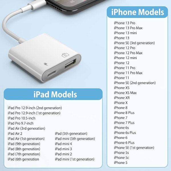 Saliop USB-adapter för iPhone/iPad, USB OTG-adapter och laddningsport 2 i 1, kameraadapter som stöder ljud/MIDI-gränssnitt och kortläsare