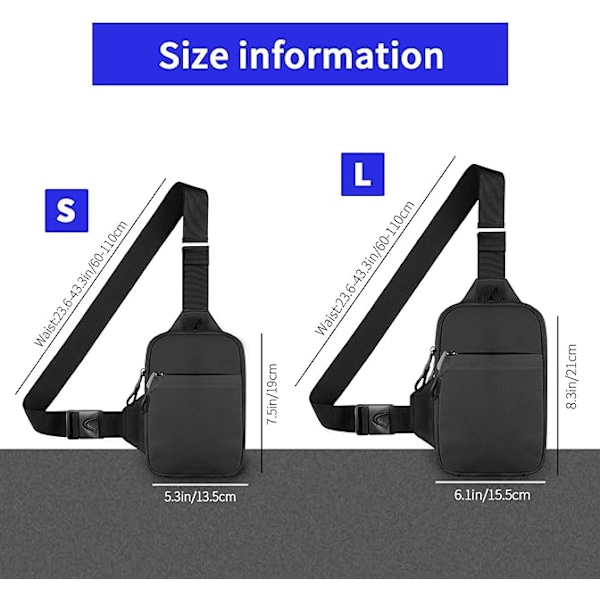Olkalaukku, crossbody-rintareppu, vedenpitävä miehille ja naisille, vaellukseen, matkustamiseen, ulkoilulajeihin (musta) Black