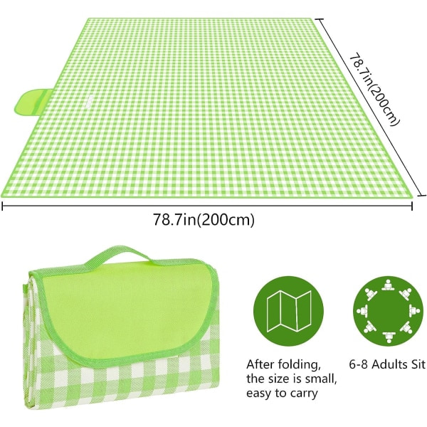 200 * 200 cm vihreä ja valkoinen piknik-viltti, taitettava piknik-viltti