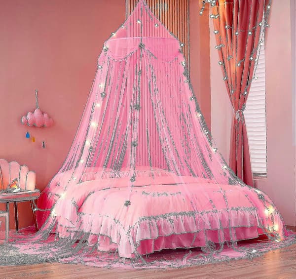 Sengehimmel med lys Sengehimmelgardiner til piger Småbørn Sengehimmel til piger tao[BT] Pink