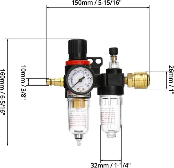 Kompressor Trykkregulator 1/4 Luft Vannseparator med Måler for Kompressor og Luftverktøy