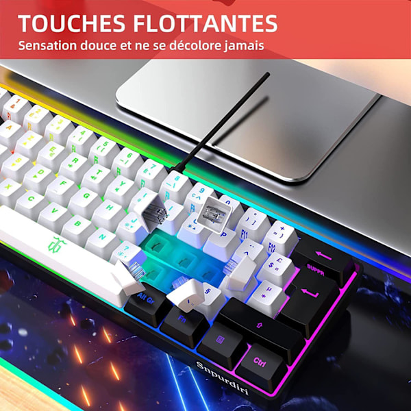 Gamingtangentbord 60% QWERTY Svart/Vit Trådbunden RGB Bakgrundsbelyst Gamingtangentbord med 61 Tangenter