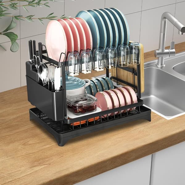 Oppvaskstativ, lite dobbeltlags oppvaskstativ med avløp og bestikkholder, multifunksjonelt plassbesparende oppvaskstativ, 42X29X29Cm, svart Schwarz