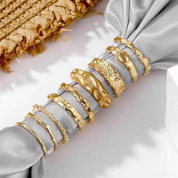 9-pak Ringe - Blanke, Matte & Forskellige Mønstre gold