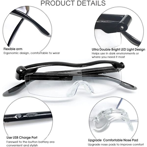 Forstørrelsesglass lesebriller med LED-lys, 2 stk