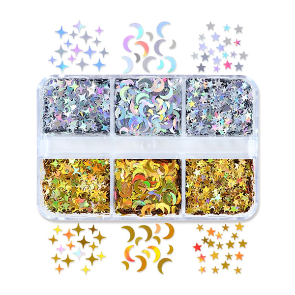 6 Ruter Miksfarget Små Måne Stjerne Glitterfyll for DIY Epoxy Resin UV