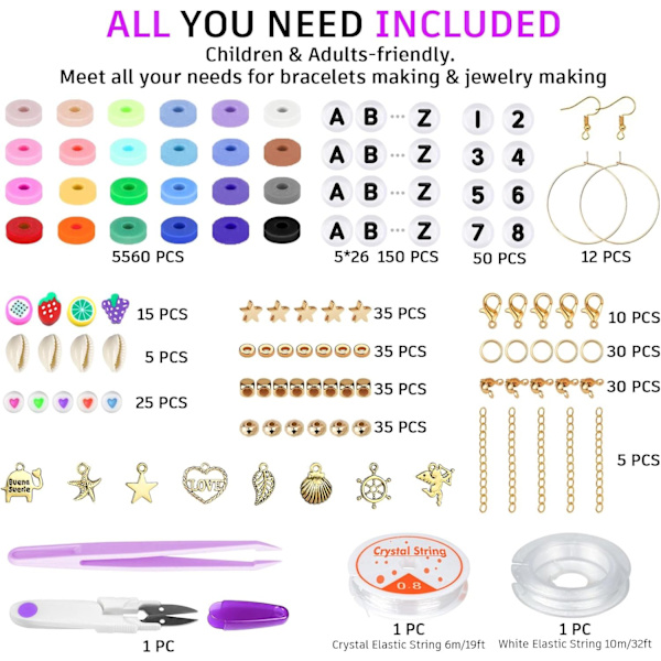 6000 Lerperler Armbåndsfremstillingskit, 24 Farver Flade Preppy Perler, Polymer Lerperler med Charms til Smykkefremstilling, Håndværk Gaver til Piger i Alderen 6-12
