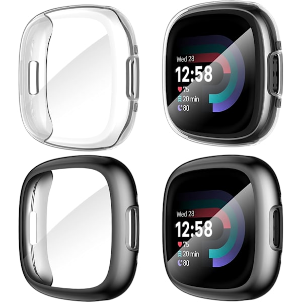 Diruite 4-pack fodral för Fitbit Versa 4/Sense 2 skärmskydd HD stöttåligt mjukt TPU full cover fodral för Fitbit Versa Black+Black+Clear+Clear