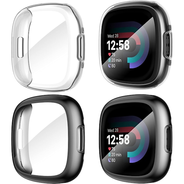 Diruite 4-pak etui til Fitbit Versa 4/Sense 2 skærmbeskytter HD stødsikker blød TPU fuld dækning etui til Fitbit Versa Black+Black+Clear+Clear