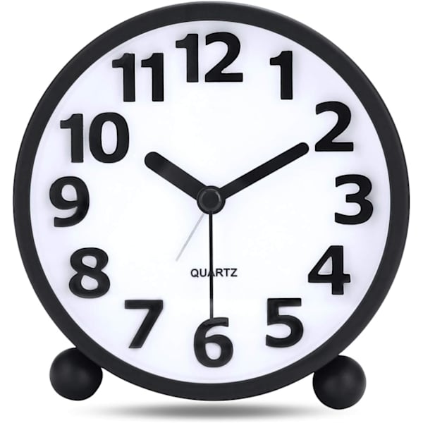 Stille Analog Alarmur, Sort Metal Stort 3D Tal, Snooze