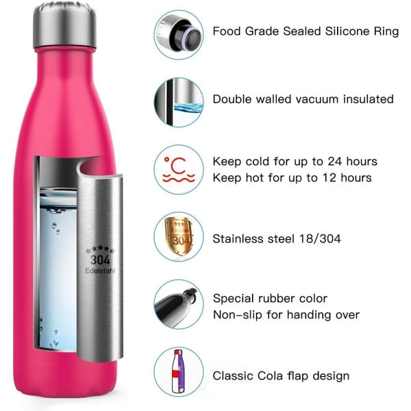 500 ml isoleret vandflaske, rustfrit stål dobbeltvægget vakuumflaske holder 24 timer koldt og 18 timer varmt - BPA-fri