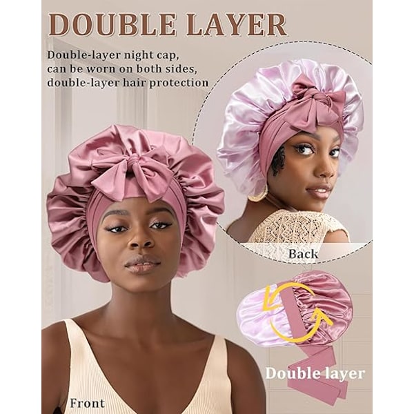 Satin Bonnet för Sömn Kvinnor Dubbellager Hårhatt med 2 st Hårsnoddar Elastiskt Band Nattkläder Bean Paste + Pink